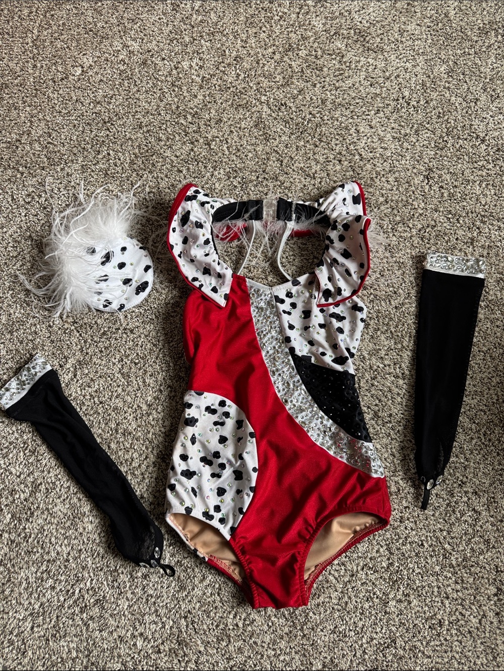 Glamour Costumes Red and Dalmatian Print Dance Leotard w/ Feathers style 24-200